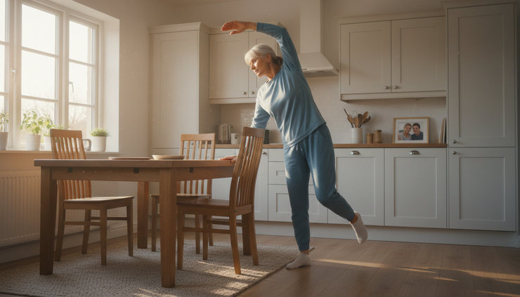 Wide-angle view of a senior woman stretching beside a kitchen chair.