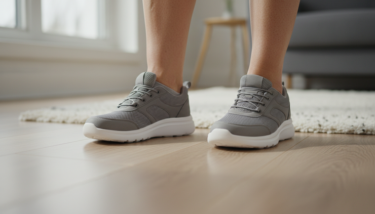 Close-up view of older feet in supportive shoes standing on a living room floor.