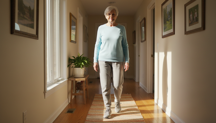 Eye-level view of an older adult walking calmly through a sunny hallway after gentle exercise.