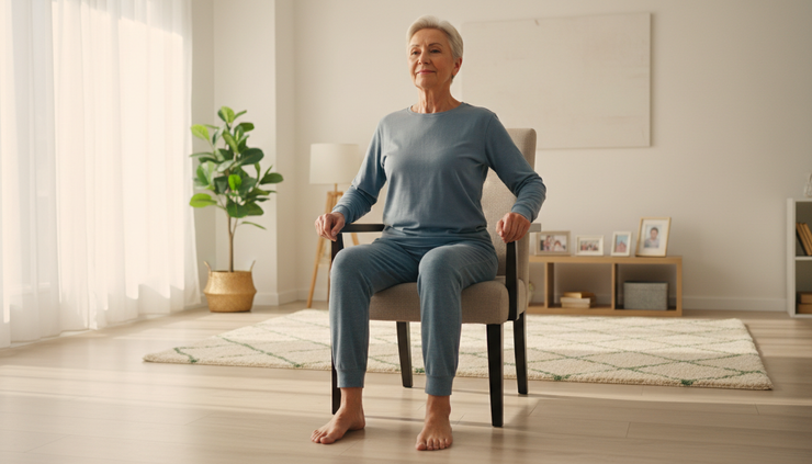 Wide-angle view of an older adult practicing a sit-to-stand exercise with a sturdy chair.