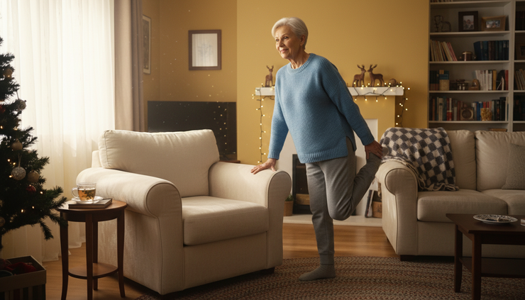Eye-level view of an older adult stretching beside a decorated living room chair.