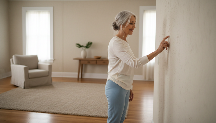 Wide-angle view of an older adult doing a gentle wall walk exercise at home