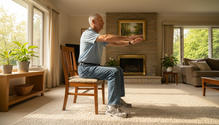 Wide-angle view of an older adult rising from a sturdy chair in a bright living room.