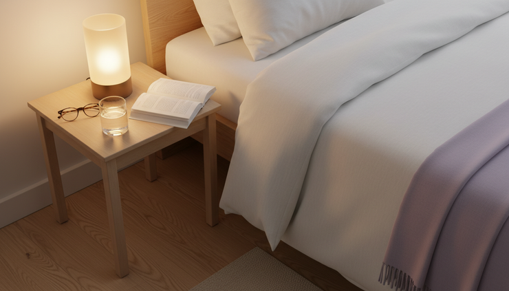 Overhead view of a bedside table with a glass of water and a small lamp beside a neatly made bed