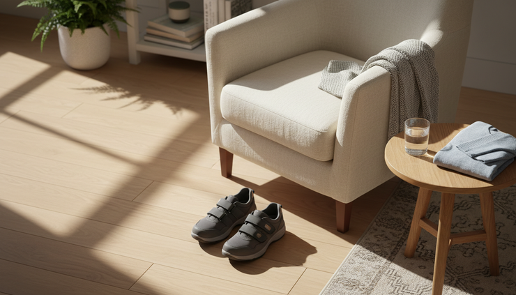 Overhead view of supportive shoes beside a chair and a glass of water.