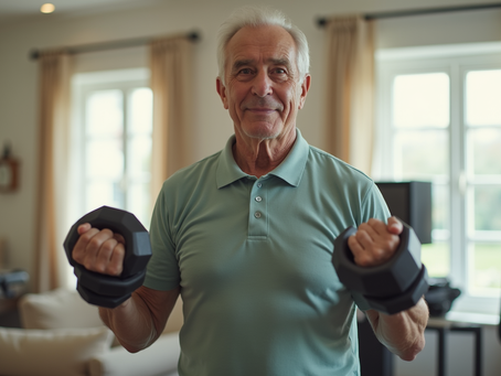 Senior lifting light weights in home gym
