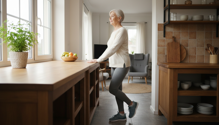 Wide-angle view of an older adult warming up with slow marching steps near a kitchen counter.