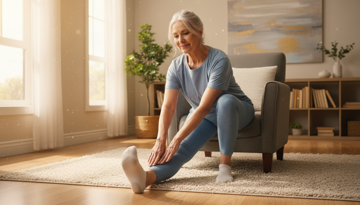 Eye-level view of an older adult stretching the calf while seated after a chair workout.
