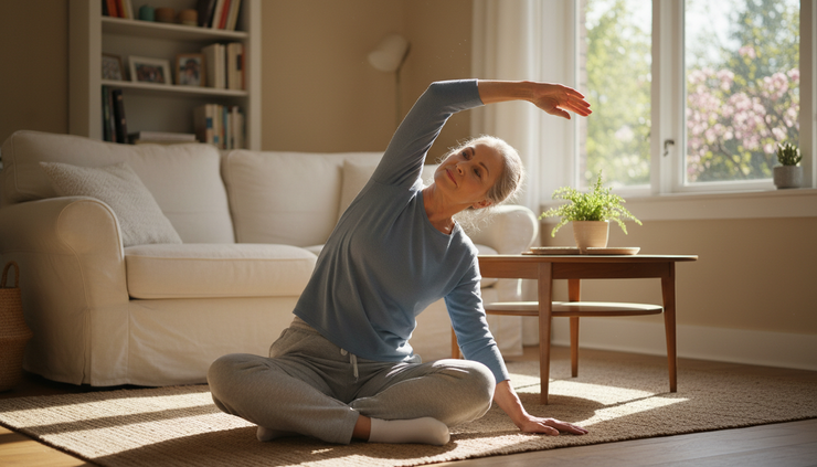 Eye-level view of an older adult stretching gently beside a sunny living room window.