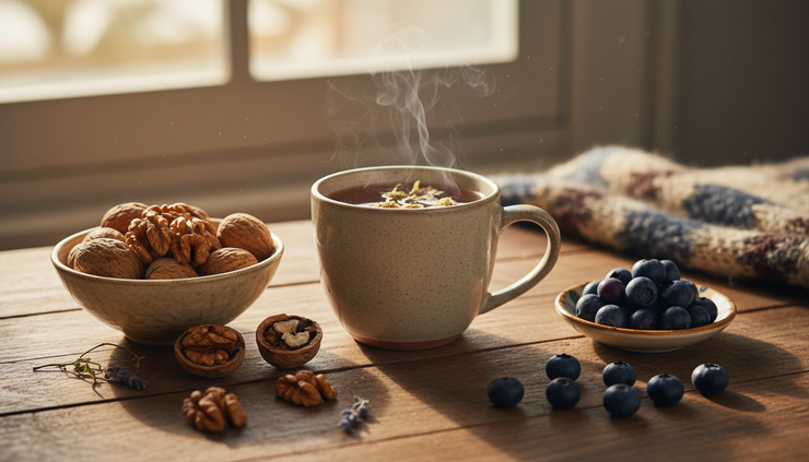 Close-up view of herbal tea, walnuts, and berries on a small table.