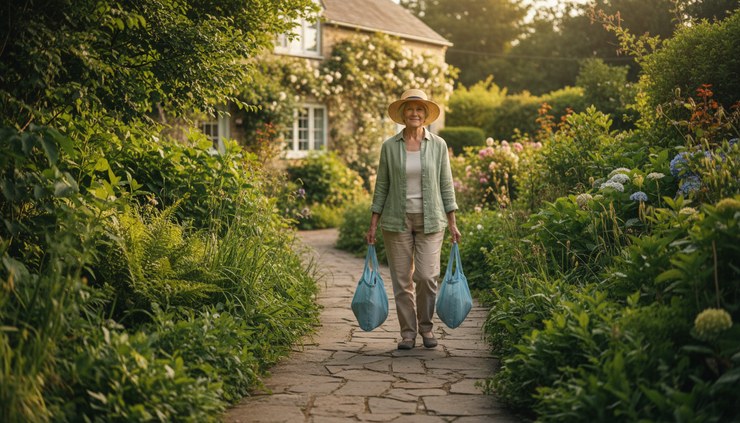 Wide-angle view of an older adult carrying two light grocery bags along a garden path.