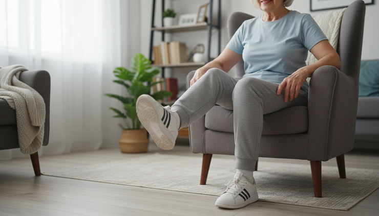 Close-up view of an older adult’s feet marching gently while seated in a chair.