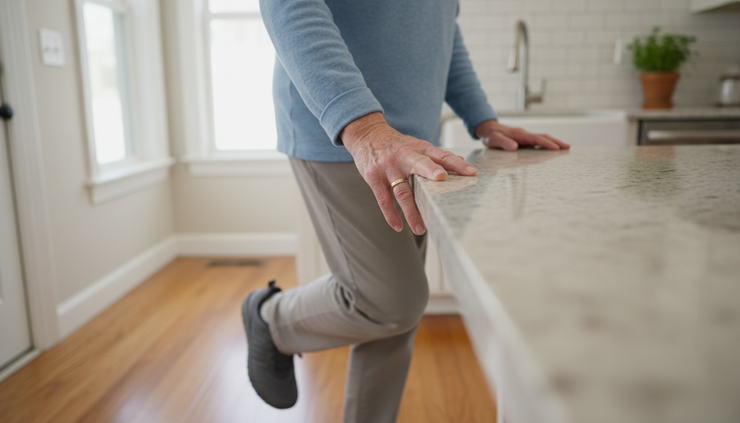 Close-up view of an older adult holding a kitchen counter while practicing balance.