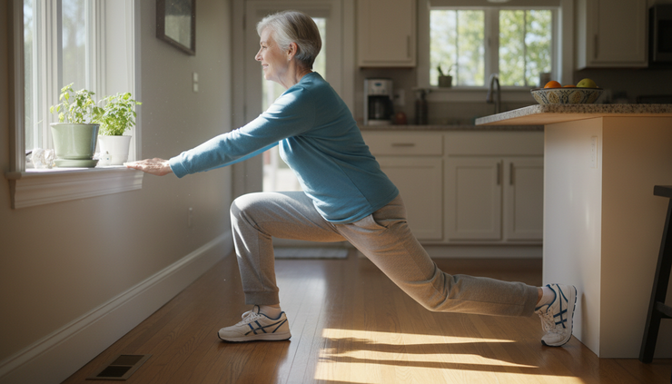 Eye-level view of a senior stretching calves at a kitchen counter.