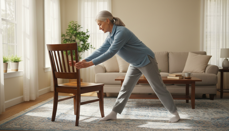 Eye-level view of an older adult stretching gently beside a chair in a sunny living room.