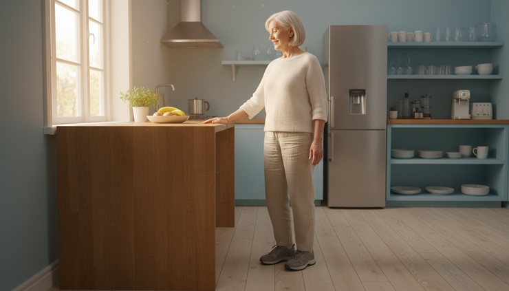 Eye-level view of an older adult using a kitchen counter for gentle balance practice.