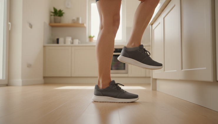 Close-up view of supportive sneakers rising into a gentle heel raise near a kitchen counter