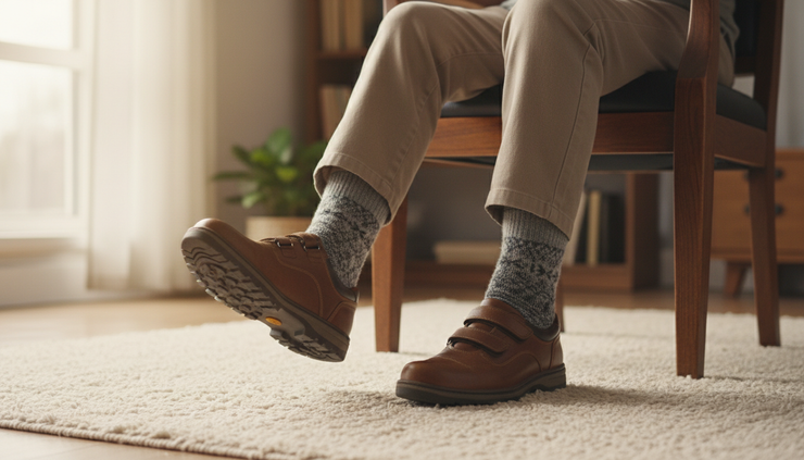 Close-up view of an older adult doing ankle circles while seated in a sturdy chair.