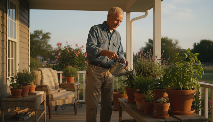 Eye-level view of a senior watering a small group of potted plants on a porch.