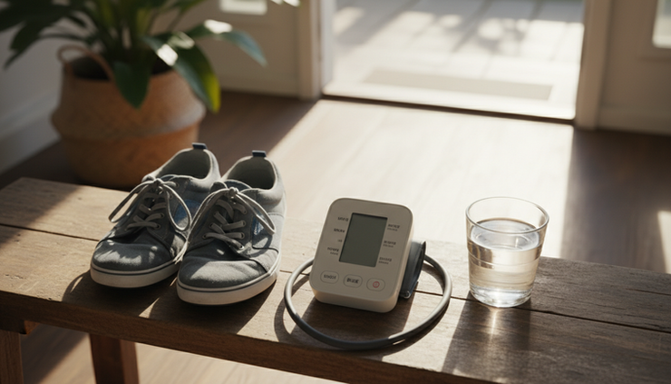 Overhead view of a blood pressure monitor beside walking shoes and a water glass.