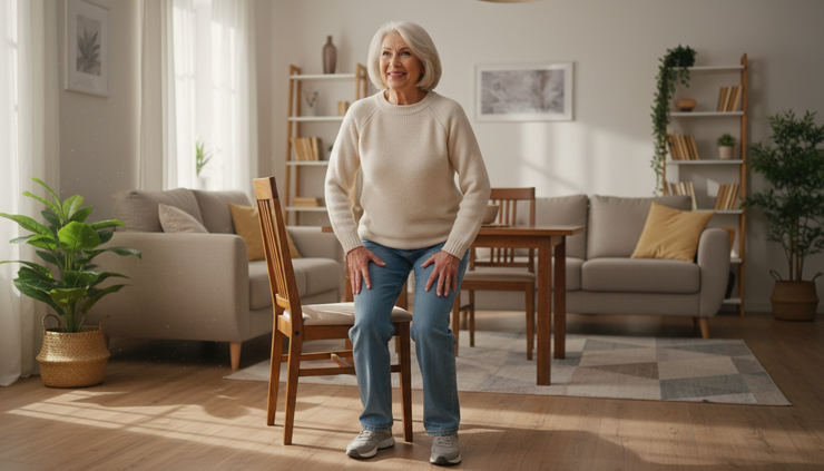 Wide-angle view of an older adult using a chair for support while practicing a sit-to-stand exercise.