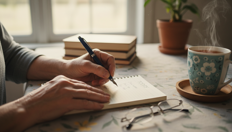 Close-up view of a senior’s hands writing a short daily plan in a notebook.
