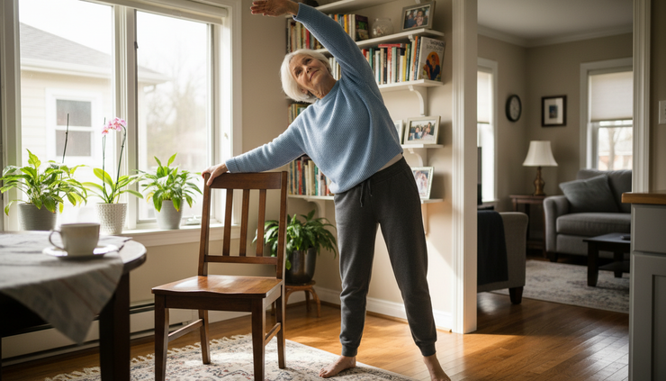 Eye-level view of an older adult stretching gently beside a kitchen chair.