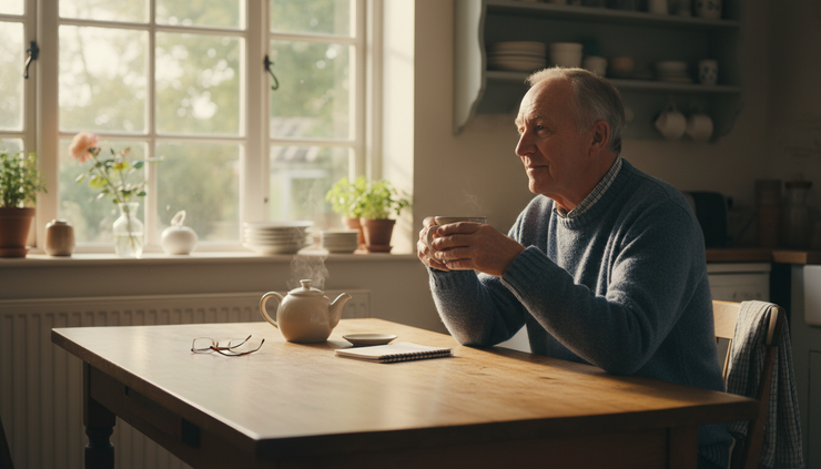 Eye-level view of a senior sitting by a sunny kitchen window with a cup of tea.