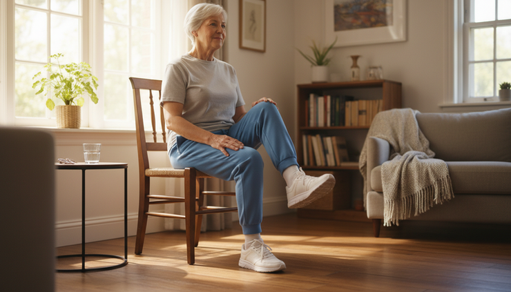 Eye-level view of a senior adult doing a gentle chair exercise beside a sunny window.