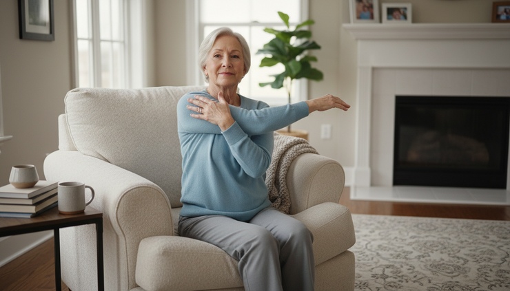 Eye-level view of an older adult gently stretching one shoulder in a sunny living room