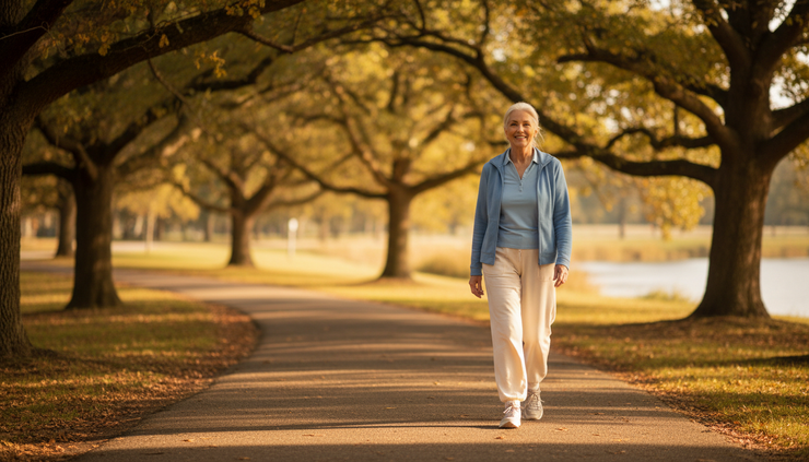 Eye-level view of an older adult walking on a quiet park path in the morning.