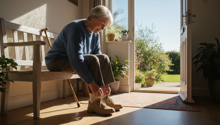 Eye-level view of an older adult tying walking shoes near a sunny doorway.
