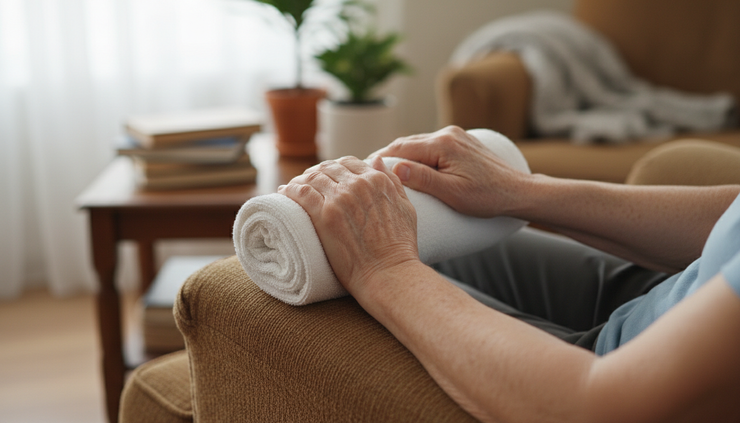 Close-up view of older hands gently squeezing a rolled towel during a hand strength exercise.
