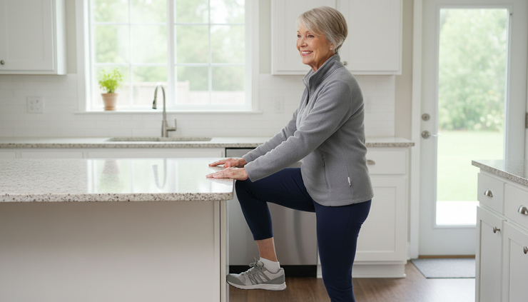Eye-level view of an older adult holding a kitchen counter while doing a gentle heel raise.