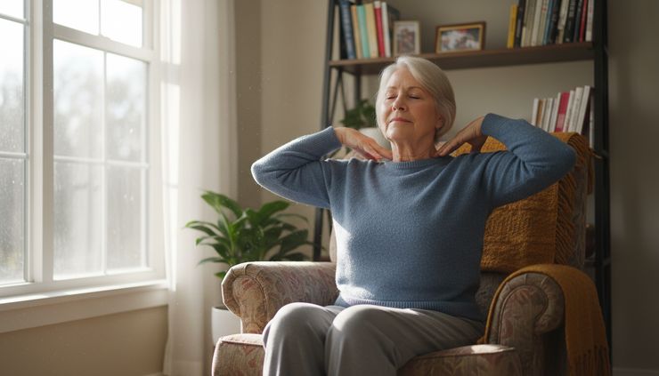 Close-up view of an older adult rolling their shoulders while seated in a comfortable chair.