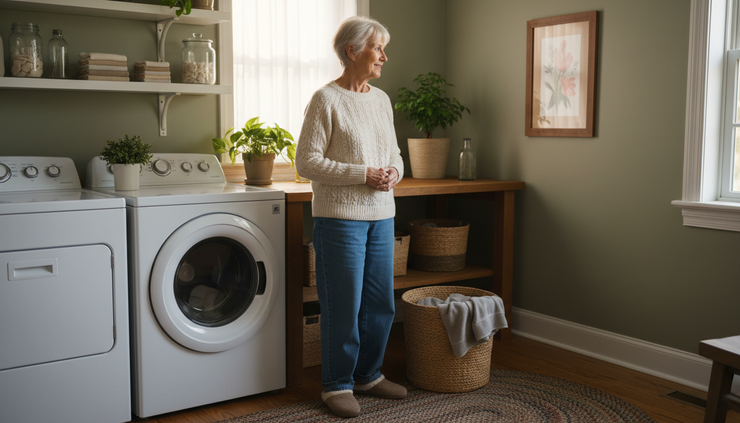 Eye-level view of an older adult preparing to lift a small laundry basket at home.
