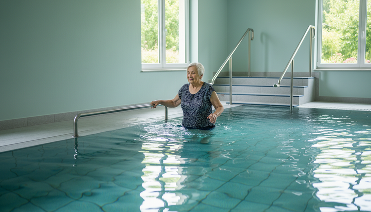 Wide-angle view of an older adult walking slowly in a warm indoor pool.