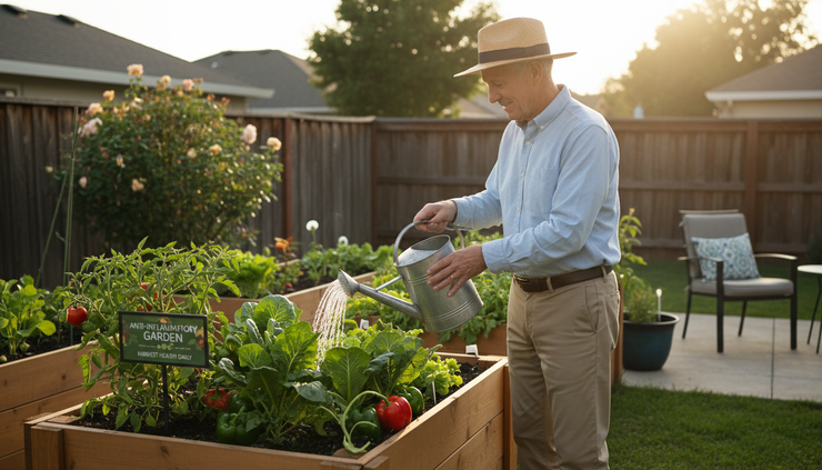 Eye-level view of a senior man watering raised garden beds outdoors.