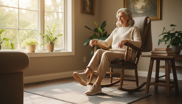 Eye-level view of an older adult seated in a sturdy chair doing gentle foot taps.