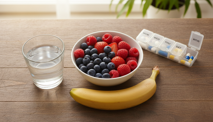 Overhead view of a glass of water next to a bowl of fruit and a morning pill organizer.