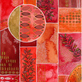 Abstract watercolour and ink painting titled “Here,” featuring bold layered shapes in vibrant red tones.