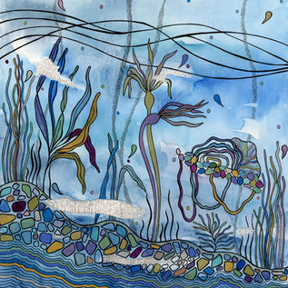 Ebb and Flow, abstract painting with soft, flowing organic shapes and seaweed-like forms, suggesting gentle underwater movement and a sense of rhythmic motion.