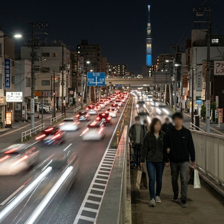 夜、亀戸周辺の幹線道路（蔵前橋通りまたは京葉道路）を見下ろす歩道橋の上からの風景。車のテールランプが光の筋を作り、遠くにはライトアップされた東京スカイツリーがそびえ立つ。手前には、匿名性を保った私服の調査員が後姿で、双眼鏡を使って慎重に対象者を追跡・監視している。