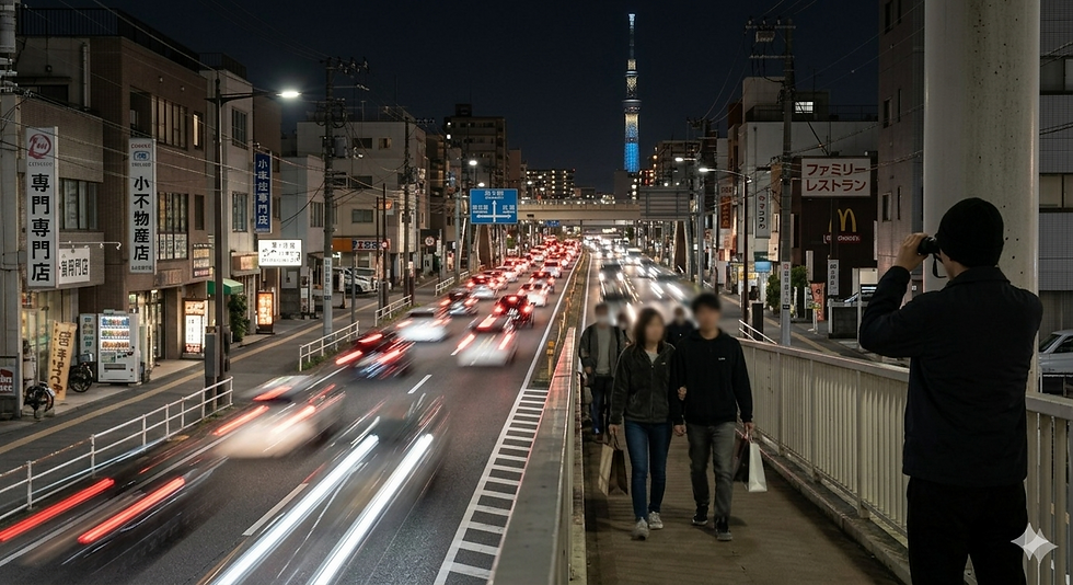 夜、亀戸周辺の幹線道路（蔵前橋通りまたは京葉道路）を見下ろす歩道橋の上からの風景。車のテールランプが光の筋を作り、遠くにはライトアップされた東京スカイツリーがそびえ立つ。手前には、匿名性を保った私服の調査員が後ろ姿で、双眼鏡を使って慎重に対象者を追跡・監視している。