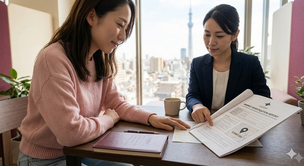 東京スカイツリーが見える明るい相談室で、女性の依頼者が女性の相談員から調査報告書を受け取り、説明を聞いている様子。デスクにはノート、ペン、カップ、そして、亀戸と書かれた地図付きの書類が置かれている。