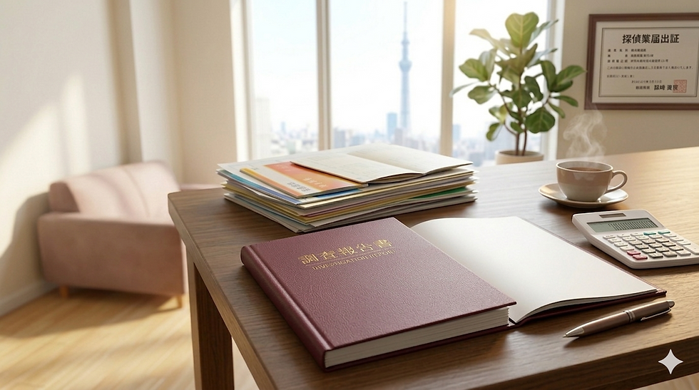 江東区・亀戸エリアの探偵事務所でデスクの上に調査報告書が置いてある。慰謝料請求と調査費用の請求書類をまとめてある。