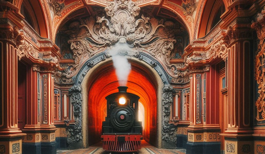 ilustração de trem a vapor e casarão do século XVII