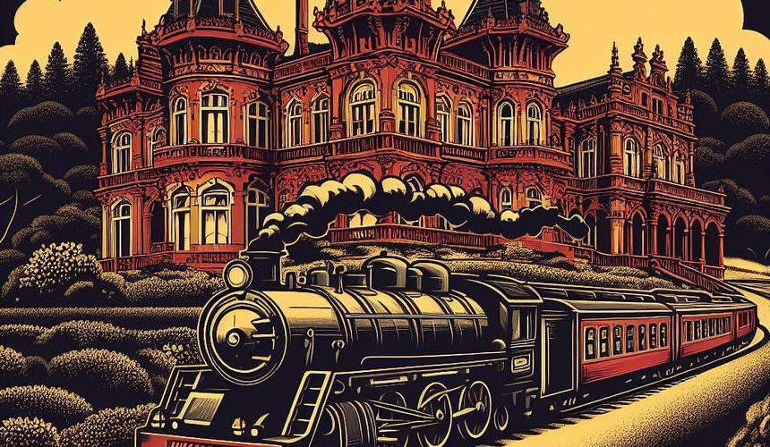 ilustração de trem a vapor e casarão do século XVII