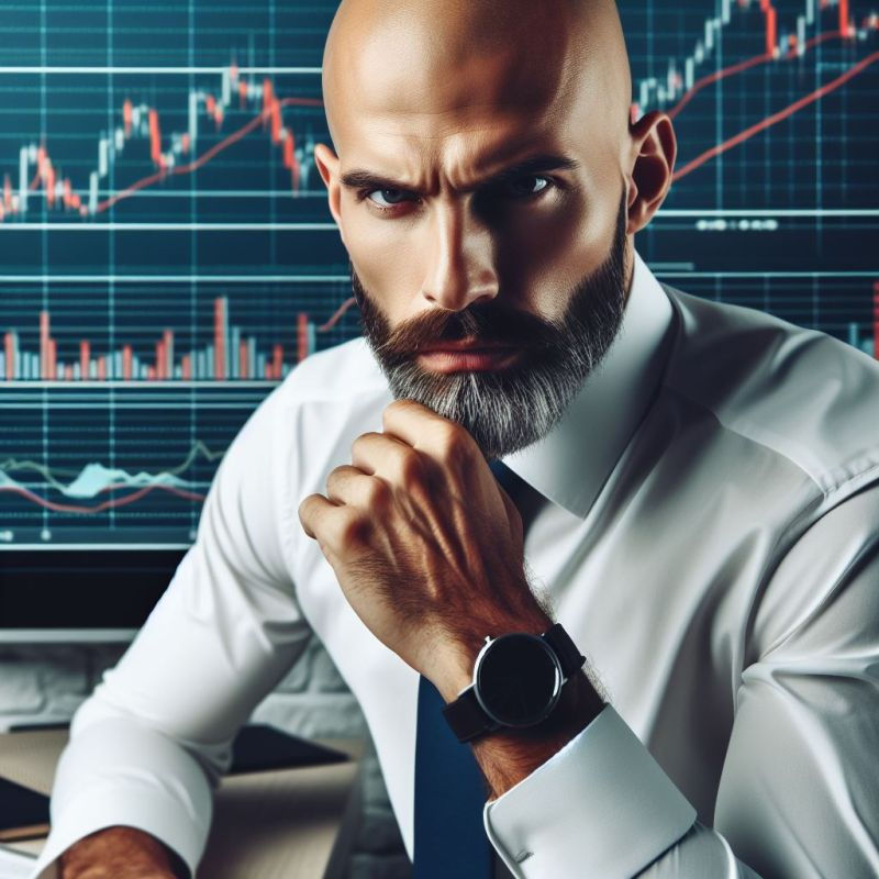 Homem, careca e de barba, camisa branca e gravata, com gráficos de fundo, representando executivo financeiro.