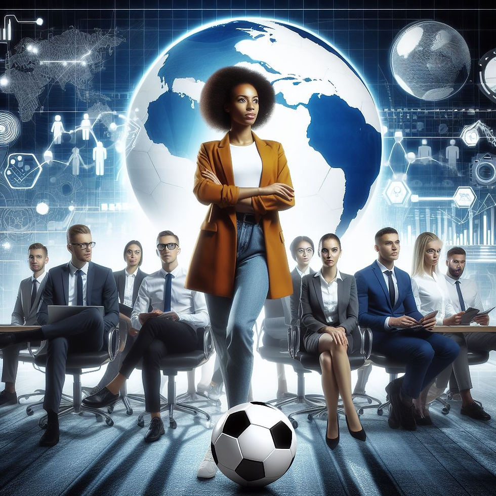 Equipe de profissionais com um cenário de gráficos ao fundo e um bola de futebol à frente.